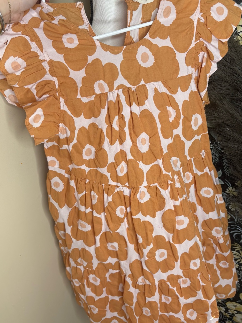 Altar'd State Cream and Orange Floral Ruffle Sleeve Cotton Dress